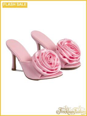 Satin 3D Flower Pointed Toe Kitten Heel Slingback Sandals for Prom Wedding Party